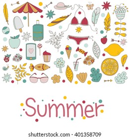 Vector illustration with summer elements:suitcase, fruits, suitcase, glasses, shell, cocktail, etc