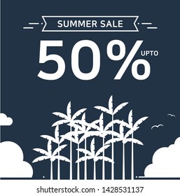 Vector illustration of summer event for sea, cloud, palm trees, gull, wave, beach, summer, event, sale, special price, coupon, discount, popup, background, sky.
