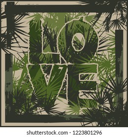 Vector Illustration Summer Fashion Design Tropical Palm Leaves Tshirt Graphic Typography Love