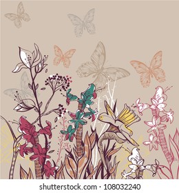 vector illustration of a summer field with blooming flowers and plants