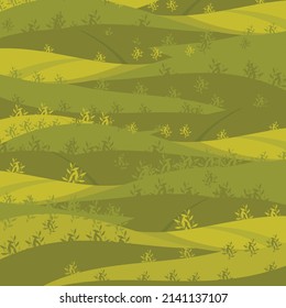 Vector illustration of  summer fields landscape with a dawn, pattern green hills, bright color, flat cartoon style banner.