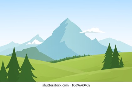 Vector illustration: Summer flat Alpine Mountains landscape with pines on foreground