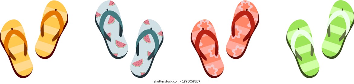 Vector illustration of summer flip flops. 4 pairs of multi-colored beach slippers with watermelon print, flowers. Swimming pool rubber slippers