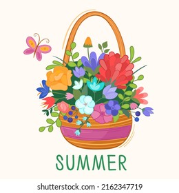 Vector illustration summer flower basket with butterfly
