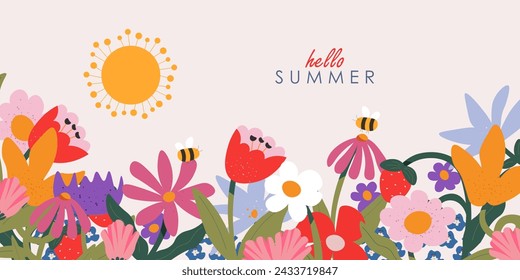 Vector illustration. Summer flowers, banner, card, flyer, brochure. Hello summer. Modern design.