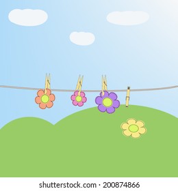 A vector illustration of summer flowers drying outdoor. clothespins on a clothesline