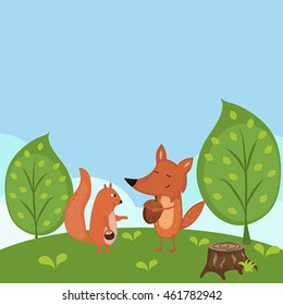 Vector illustration of summer forest background with fox and squirrel
