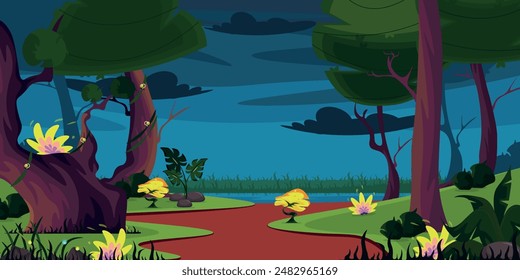 Vector illustration of a summer forest landscape. Cartoon scene of exotic flowers, plants, large tree trunks with crowns, vines, bushes, river, grass, stones, path, blue sky with dark clouds.