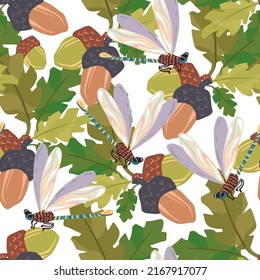 Vector illustration. Summer forest with oak leaves, acorns, dragonflies. Pattern. Light background, wallpaper, cartoon style