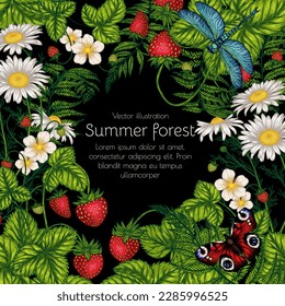 Ilustración vectorial de un bosque de verano. Fresa, camomila, helecho, mariposa, libélula