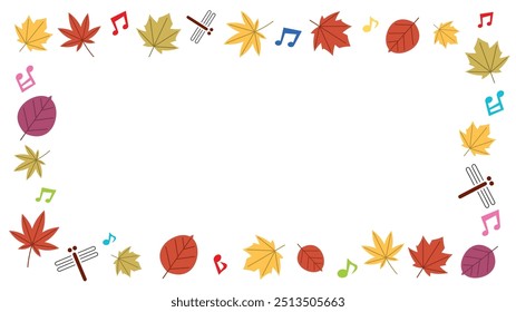 vector illustration of summer frame -fallen leaf and dragonfly and musical note- landscape format