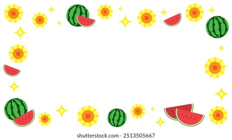 Vektorgrafik des Sommerrahmens - Sonnenblumen und Wassermelone und Glitter - Querformat