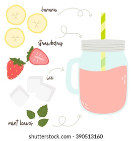 vector illustration of summer fresh smoothies in mason jar. Summer smoothies with banana, strawberries and mint leaves isolated on white background.