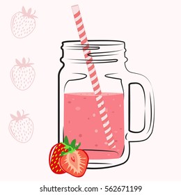 Vector illustration of summer fresh smoothies in mason jar. Summer smoothies with strawberries. Detox water and drinks. Jar with lemonade. 