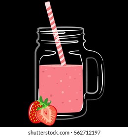Vector illustration of summer fresh smoothies in mason jar. Summer smoothies with strawberries. Detox water and drinks.  Objects on black background.