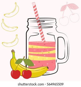 Vector illustration of summer fresh smoothies in mason jar. Summer smoothies with banana, cherry. Detox water and drinks. Detox and healthy life.