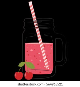Vector illustration of summer fresh smoothies in mason jar. Summer smoothies with cherry. Detox water and drinks. Objects on black background.