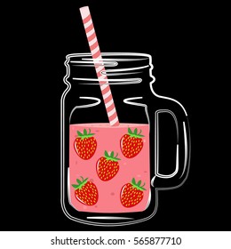 Vector illustration of summer fresh smoothies in mason jar. Summer smoothies with strawberries. Detox water and drinks. Jar with berries on black background.
