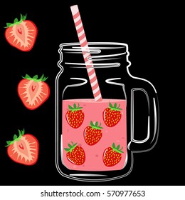 Vector illustration of summer fresh smoothies in mason jar. Summer smoothies with strawberries. Detox water and drinks. Jar with berries on black background.
