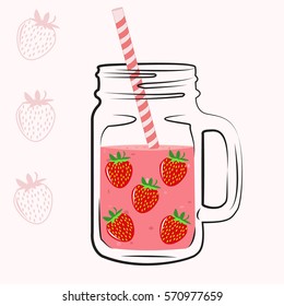 Vector illustration of summer fresh smoothies in mason jar. Summer smoothies with strawberries. Detox water and drinks. Jar with berries on white background.