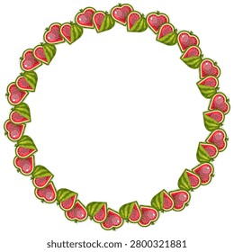 Vector illustration of a summer fruit frame. Round border and wreath made of cartoon watermelons cut into cute heart shapes, isolated on a white background.