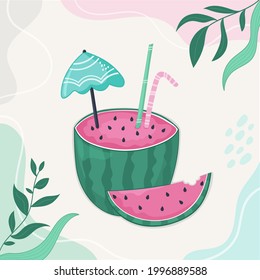 Vector illustration summer fruit watermelon vibes. Enjoy watermelon cocktail. Abstract boho background.