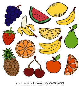 
Vector illustration. Summer fruits. Pineapple, lemon, banana, pear, cherry, apple, grapefruit, orange, grapefruit, watermelon, strawberry.
