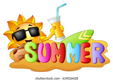 vector illustration of Summer funny background with happy smiling sun holding a orange juice, surfing and sand