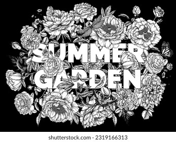 Vector illustration of a summer garden with rose and peonies flowers, surrounded by butterflies and dragonflies in engraving style