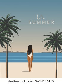 Vector illustration. Summer, girl, beach. Summer poster, banner, postcard, cover. Modern design. Tourism.