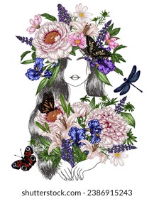 Vector illustration of a summer girl in flowers with a wreath on her head with butterflies