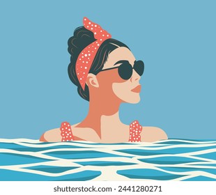 Vector illustration of a summer girl in glasses swims in the sea ocean. Portrait retro illustration. Vector graphics, flat style. The girl is on vacation. Girl in the pool