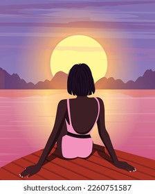 Vector illustration summer illustration of a girl on vacation sitting with her back in a bikini on the seashore sunset evening night against the backdrop of the big moon and mountains