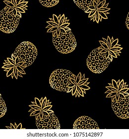 Vector Illustration. Summer golden pineapples seamless pattern. Tropical decorative fruit icons. Hand draw paint ananases on black background