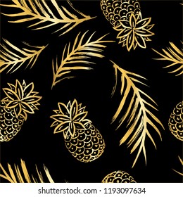 Vector Illustration. Summer golden pineapples seamless pattern. Tropical decorative fruit icons. Hand draw paint ananases and tropical leaf and on black background