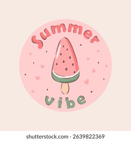 Vector illustration. Summer good mood slogan summer vibe with ice cream. T-shirt print, summer poster, flyer, graphic design, advertising
