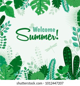 Vector illustration of summer greeting card or poster Welcome Summer leaf banner. Lettering summer season for greeting card, invitation template.