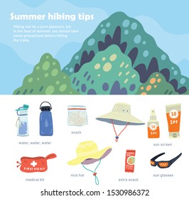 Vector illustration of summer hiking or touristic equipment with a mountain. Grear for landing page, web design, flyer, card, poster, banner. Place for text. Flat cartoon handdrawn style. 