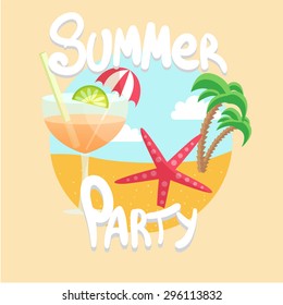 Vector illustration of Summer Holiday in Beach with Sea, cocktail, palm and sea star