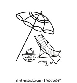 Vector illustration of a summer holiday on the beach. Deckchair, umbrella, summer bag, beach shoes. Isolated elements on a white background in doodle style. Icon, icon, symbols of rest and relaxation