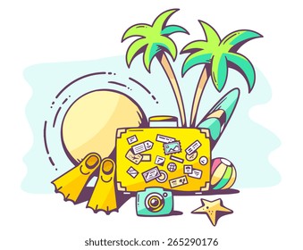 Vector illustration of summer holiday on blue background. Hand draw line art design for web, site, advertising, banner, poster, board and print.