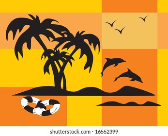 vector illustration, summer holiday with palm tree and parasol on the beach series