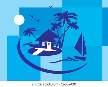 vector illustration, summer holiday with palm tree and parasol on the beach series