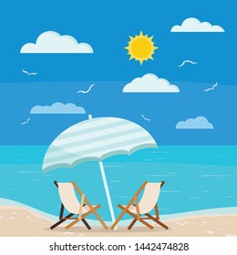 Vector illustration of summer holiday sea view: two wooden beach chaise longues with blue beach umbrella on coastline, sun, clouds and sea gull on image. Flat design cartoon style seascape background.