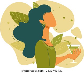 vector illustration, summer holiday, vacation, relax, martini, cocktail, young girl portrait, tan, faceless, icon, poster, woman, flower, cartoon, hair, spring, lady, bikini, green, beach, baby, desig