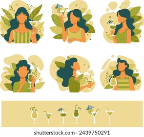 ilustración vectorial, vacaciones de verano, relax, martini, cóctel, retrato de niña joven, bronceado, sin rostro, icono, póster, mujer, flor, dibujos animados, pelo, primavera, dama, bikini, verde, playa, bebé, diseño