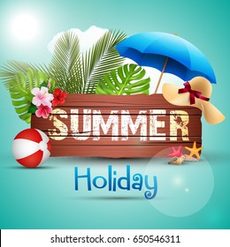 Vector illustration of Summer holiday with wooden background and palm leaves