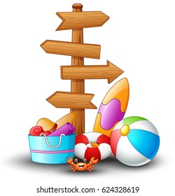 Vector illustration of Summer holidays beach background with wooden arrow, surfboard, beach ball and lifebuoy