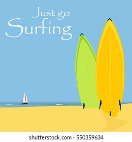 Vector illustration summer holidays card, postcard design - surfboards on a beach against a sunny seascape. Just go Surfing