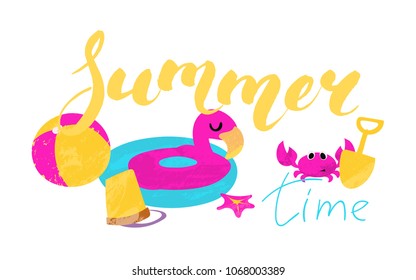 Vector illustration of summer holidays. Travel concept. Flamingo lifebuoys, starfish, crab, beach ball. Summer time